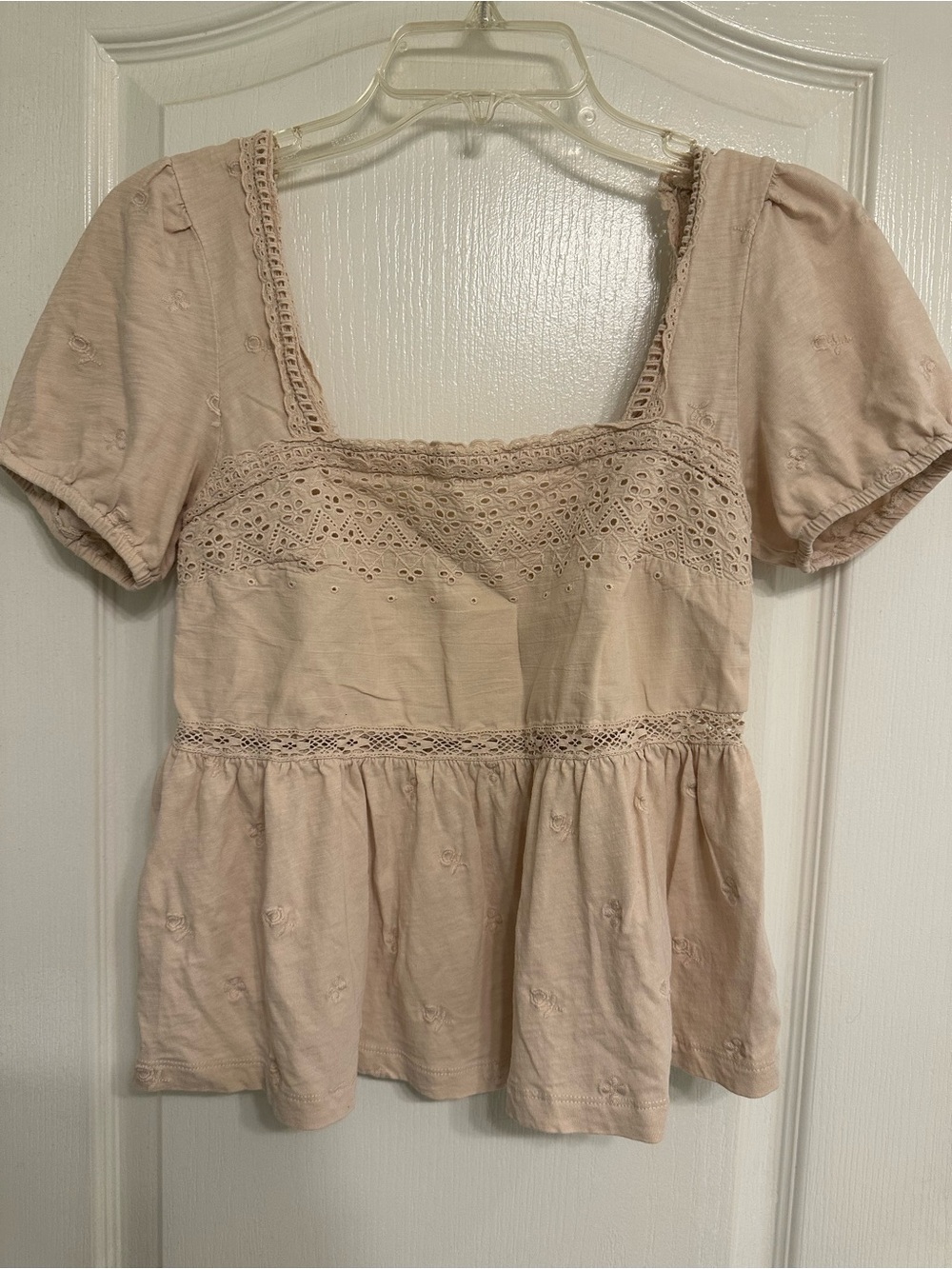 Lucky Brand Blush Lace-Trim Peplum Square Neck Top